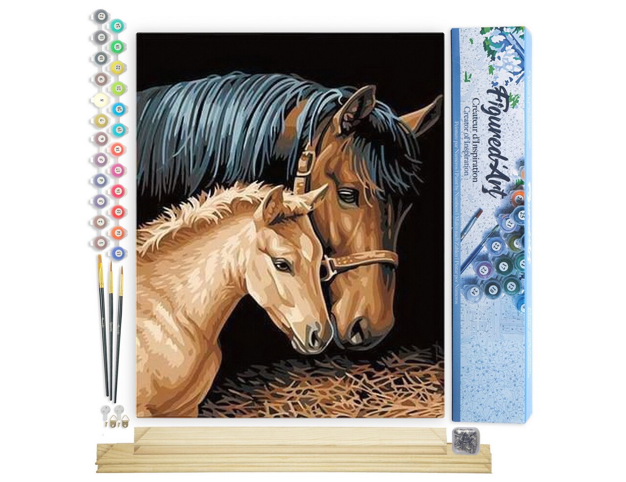 Figured'Art Paint by Numbers Kit for Adults Horse and Foal 16"x20" - Craft Art Painting Rolled Canvas with DIY wooden frame